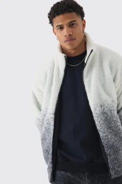Oversized Ombre Borg Funnel Neck Jacket In Black | BoohooMAN UK
