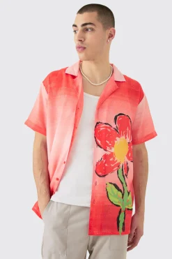 Oversized Ombre Flower Print Linen Look Shirt | BoohooMAN UK