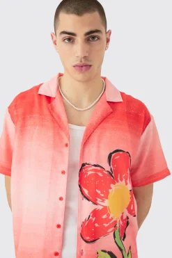 Oversized Ombre Flower Print Linen Look Shirt | BoohooMAN UK