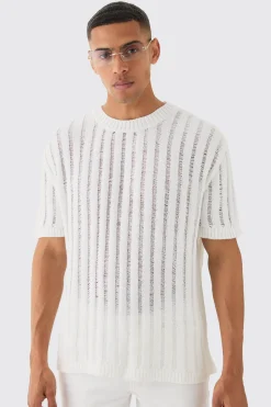 Oversized Open Ladder Stitch Knitted T-shirt In White | BoohooMAN UK