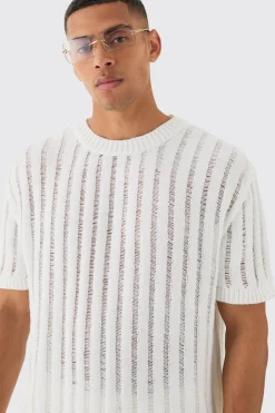 Oversized Open Ladder Stitch Knitted T-shirt In White | BoohooMAN UK