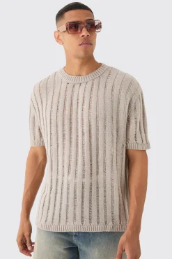 Oversized Open Ladder Stitch Knitted T-shirt In Stone | BoohooMAN UK