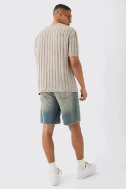Oversized Open Ladder Stitch Knitted T-shirt In Stone | BoohooMAN UK