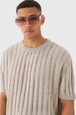 Oversized Open Ladder Stitch Knitted T-shirt In Stone | BoohooMAN UK