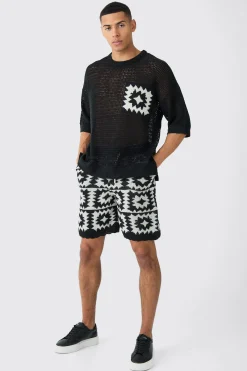 Oversized Open Stitch Crochet Short Knitted Set | BoohooMAN UK