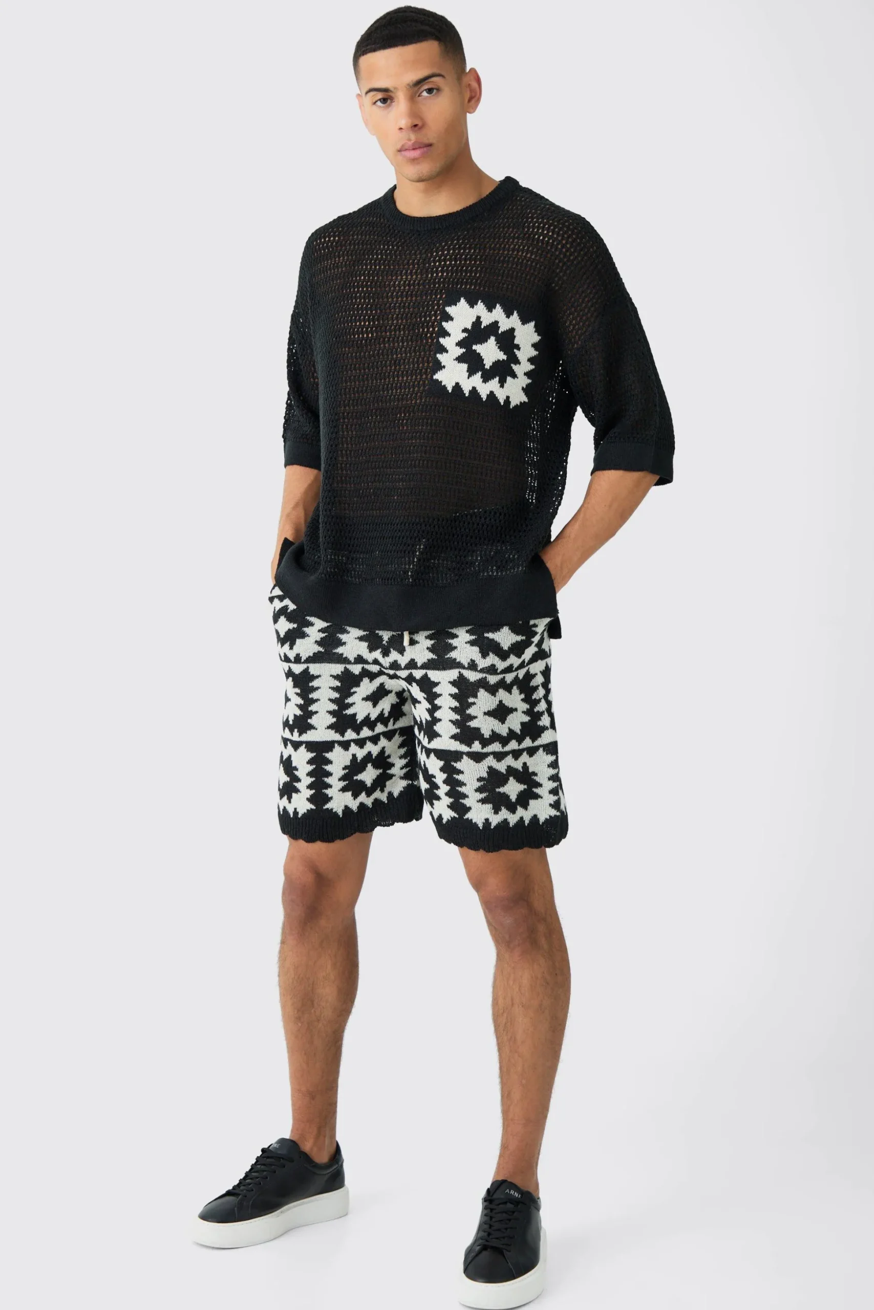 Oversized Open Stitch Crochet Short Knitted Set | BoohooMAN UK
