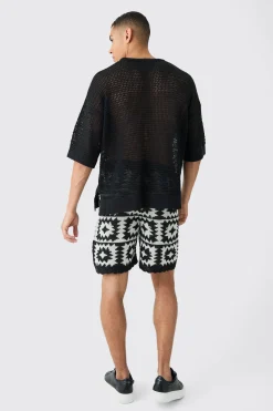 Oversized Open Stitch Crochet Short Knitted Set | BoohooMAN UK