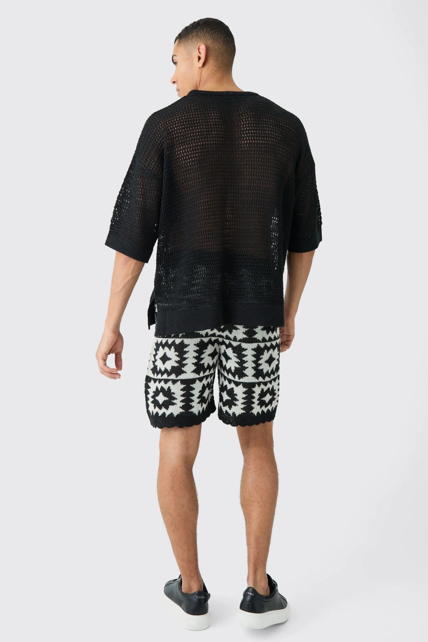 Oversized Open Stitch Crochet Short Knitted Set | BoohooMAN UK