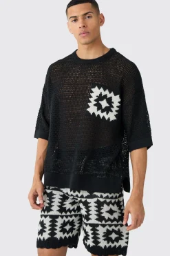 Oversized Open Stitch Crochet Short Knitted Set | BoohooMAN UK