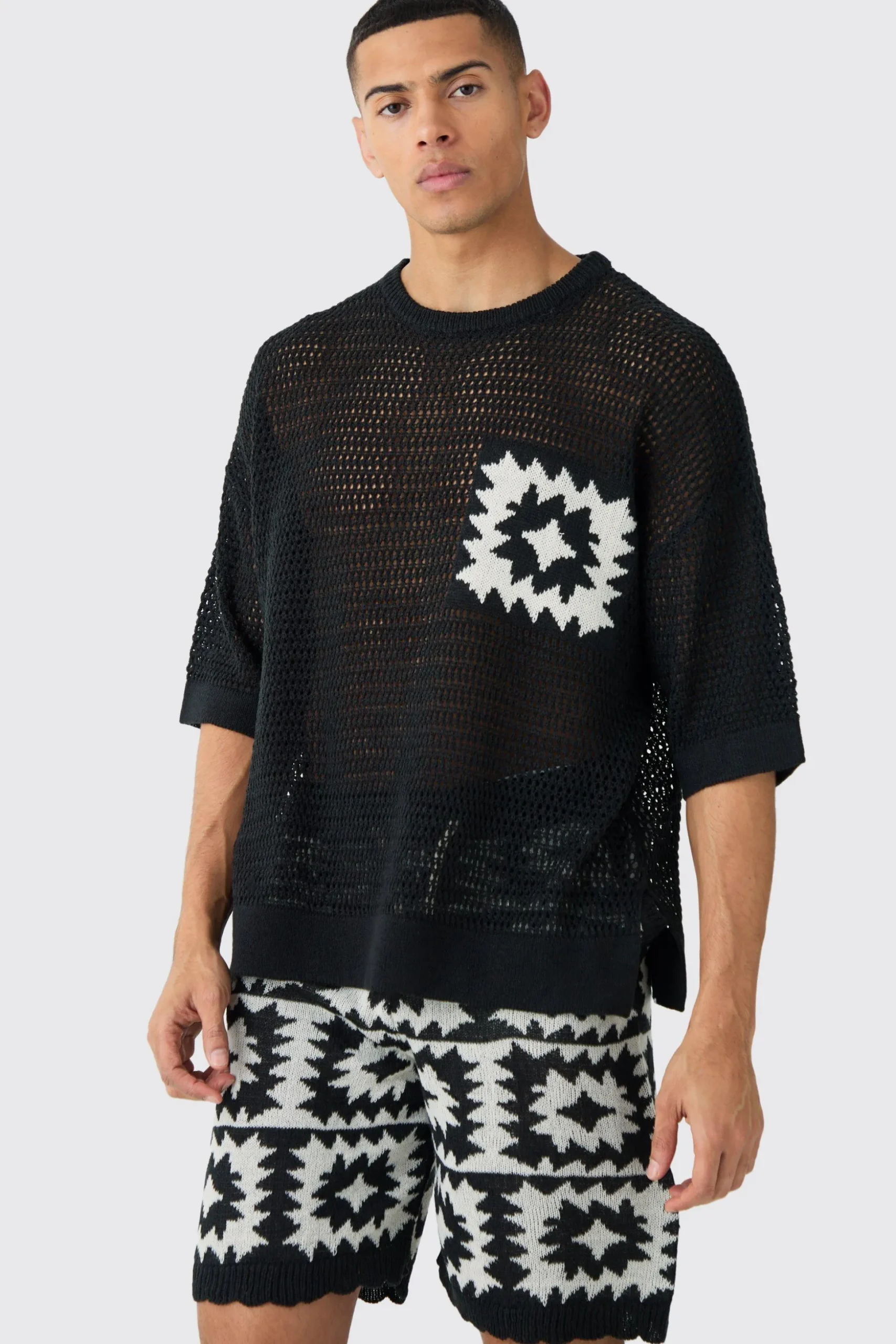 Oversized Open Stitch Crochet Short Knitted Set | BoohooMAN UK