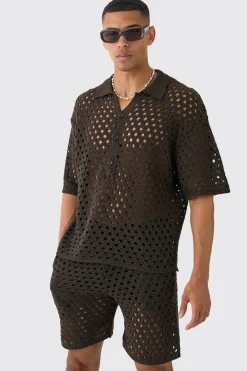 Oversized Open Stitch Knitted Short Set | BoohooMAN UK