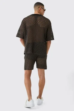Oversized Open Stitch Knitted Short Set | BoohooMAN UK