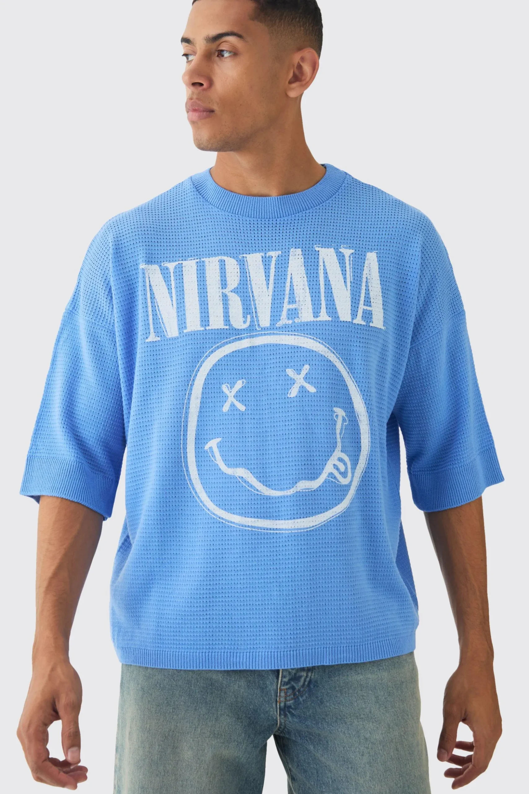 Oversized Open Stitch Nirvana License Printed Knitted T-shirt | BoohooMAN UK
