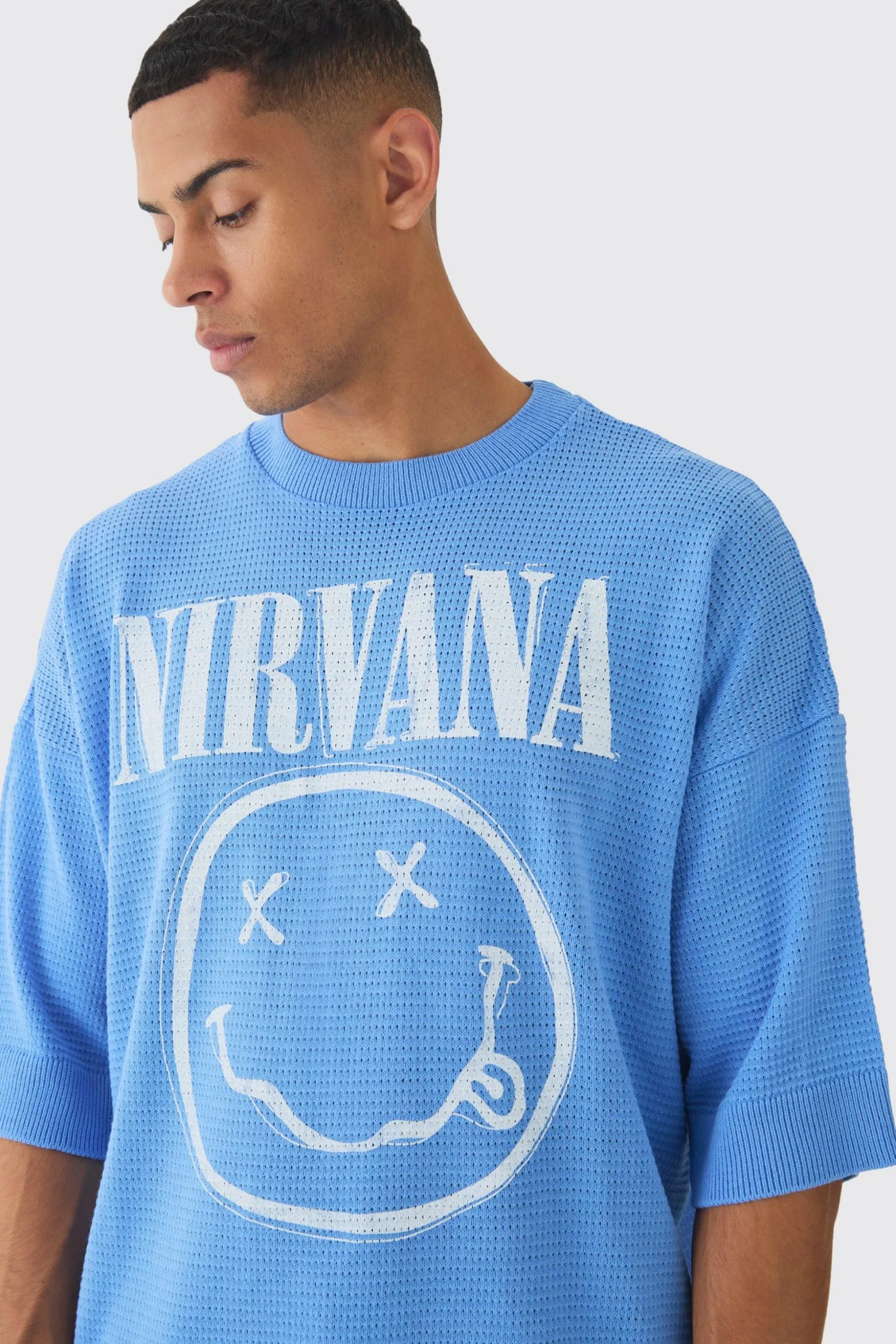 Oversized Open Stitch Nirvana License Printed Knitted T-shirt | BoohooMAN UK