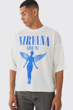 Oversized Open Stitch Nirvana License Printed Knitted T-shirt | BoohooMAN UK