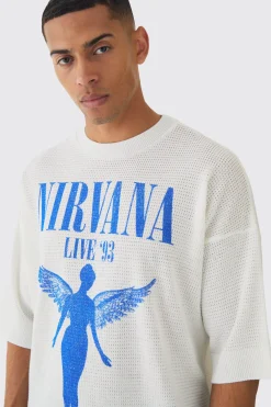 Oversized Open Stitch Nirvana License Printed Knitted T-shirt | BoohooMAN UK