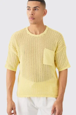 Oversized Open Stitch Pocket T-shirt In Yellow | BoohooMAN UK