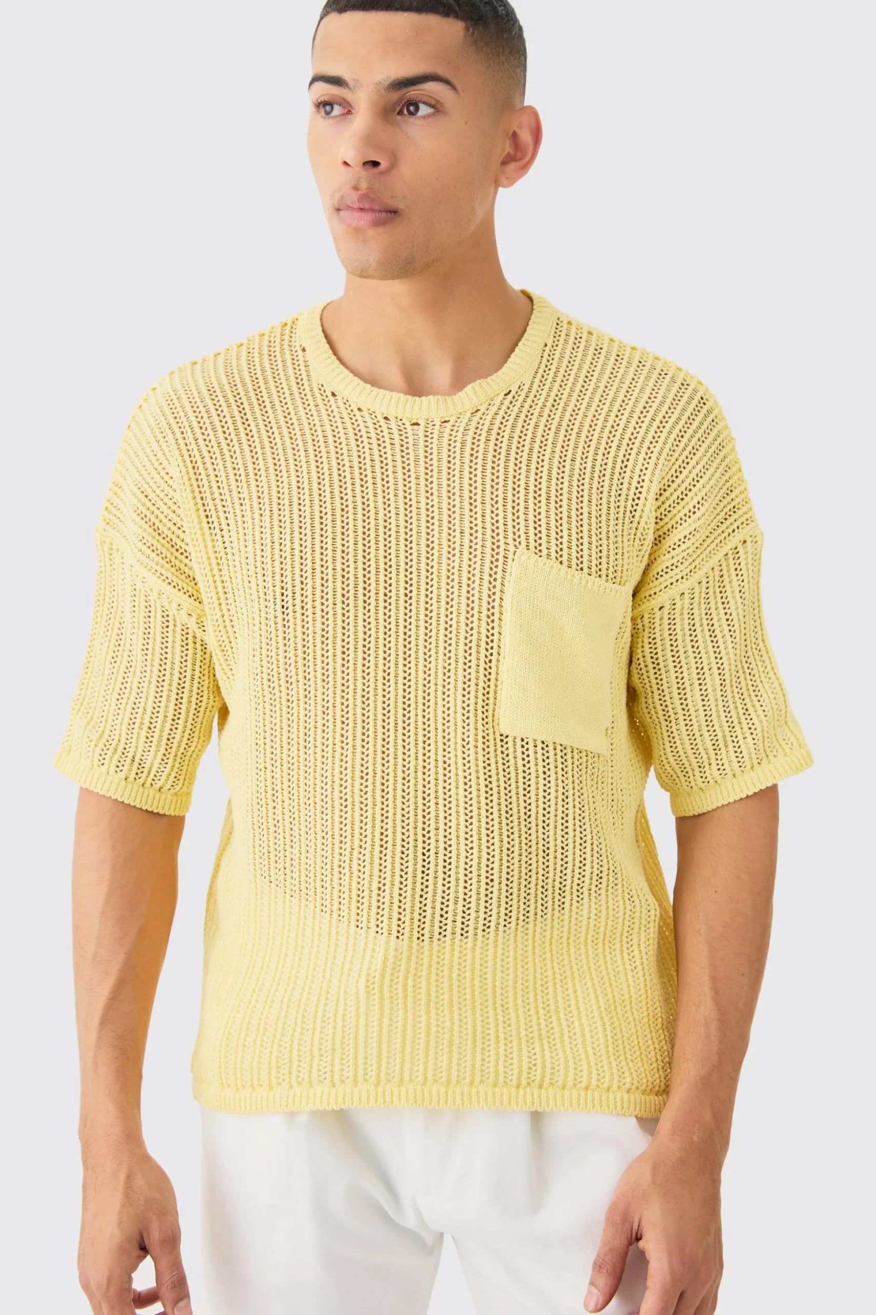 Oversized Open Stitch Pocket T-shirt In Yellow | BoohooMAN UK