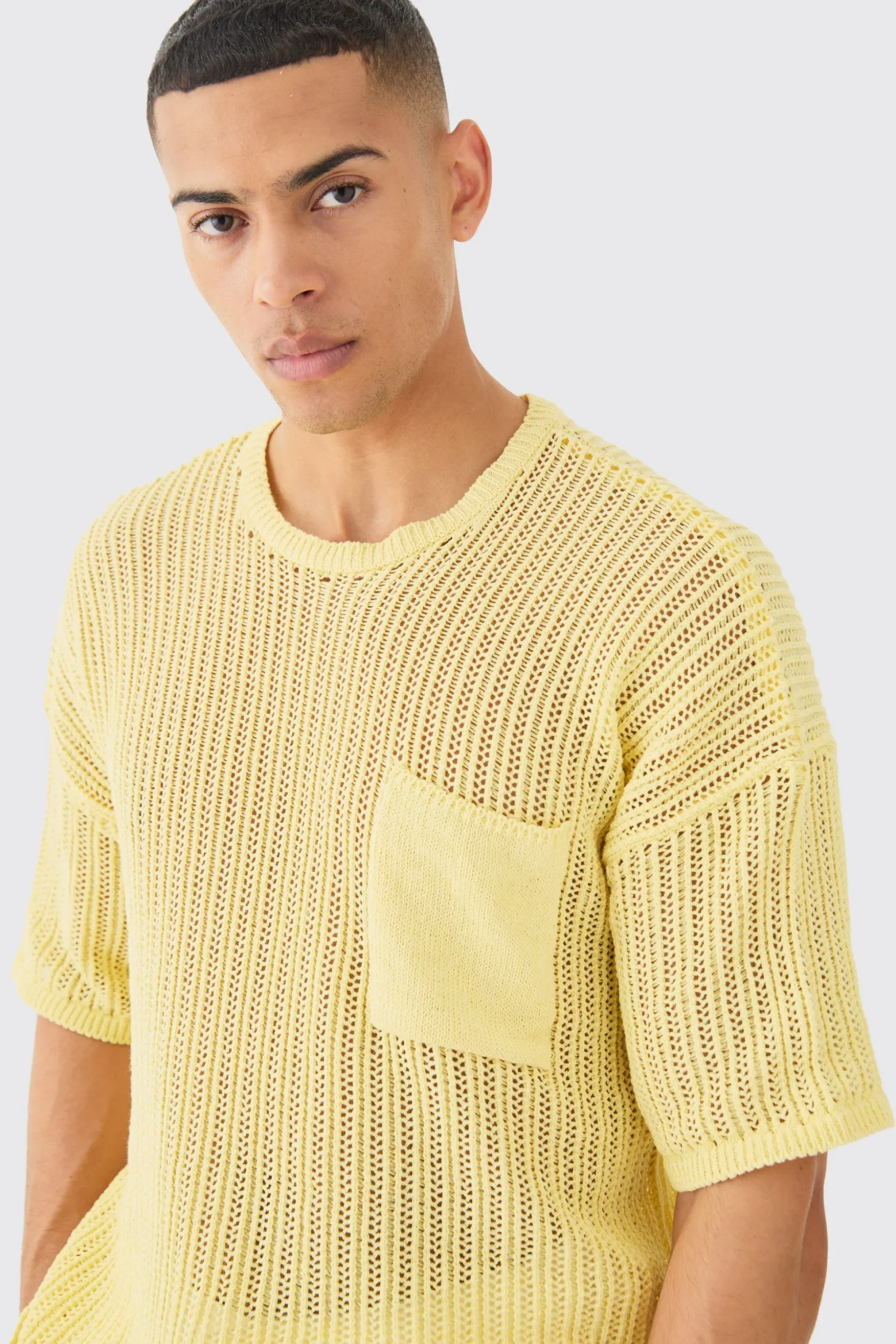 Oversized Open Stitch Pocket T-shirt In Yellow | BoohooMAN UK