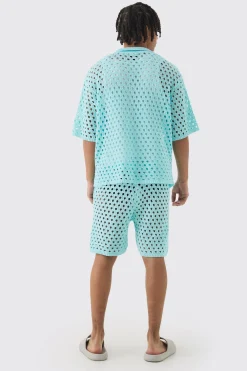 Oversized Open Stitch Polo & Short Set | BoohooMAN UK