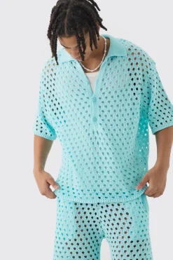 Oversized Open Stitch Polo & Short Set | BoohooMAN UK