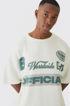 Oversized Open Stitch Printed Knitted T-shirt | BoohooMAN UK