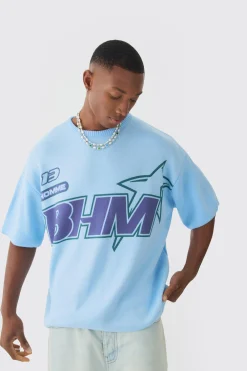 Oversized Open Stitch Printed Knitted T-shirt | BoohooMAN UK