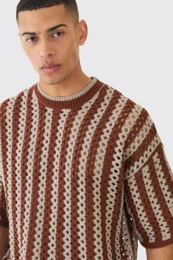Oversized Open Stitch Stripe T-shirt | BoohooMAN UK