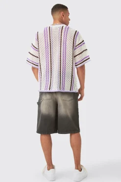 Oversized Open Stitch Stripe T-shirt | BoohooMAN UK