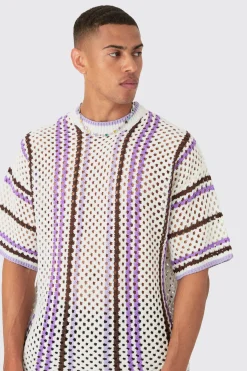 Oversized Open Stitch Stripe T-shirt | BoohooMAN UK