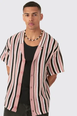 Oversized Open Stitch Stripe Knit Shirt In Black | BoohooMAN UK