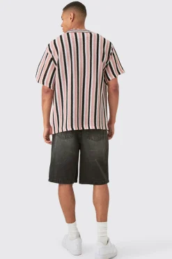 Oversized Open Stitch Stripe Knit Shirt In Black | BoohooMAN UK