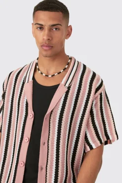 Oversized Open Stitch Stripe Knit Shirt In Black | BoohooMAN UK