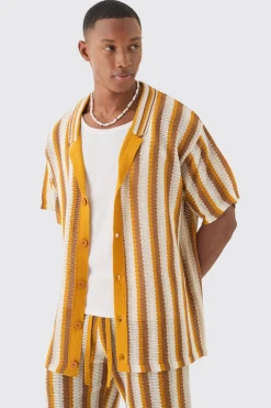 Oversized Open Stitch Stripe Knit Shirt In Mustard | BoohooMAN UK