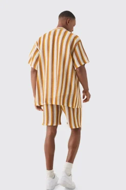 Oversized Open Stitch Stripe Knit Shirt In Mustard | BoohooMAN UK