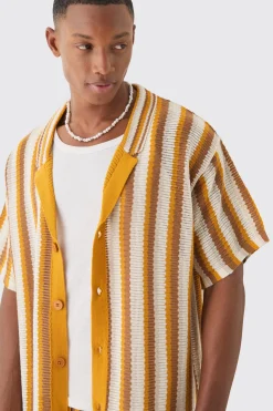 Oversized Open Stitch Stripe Knit Shirt In Mustard | BoohooMAN UK