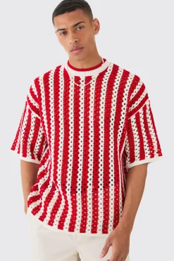 Oversized Open Stitch Stripe Knitted T-shirt | BoohooMAN UK