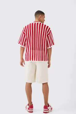 Oversized Open Stitch Stripe Knitted T-shirt | BoohooMAN UK