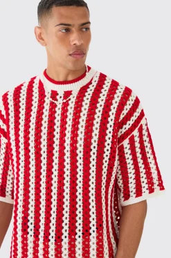 Oversized Open Stitch Stripe Knitted T-shirt | BoohooMAN UK
