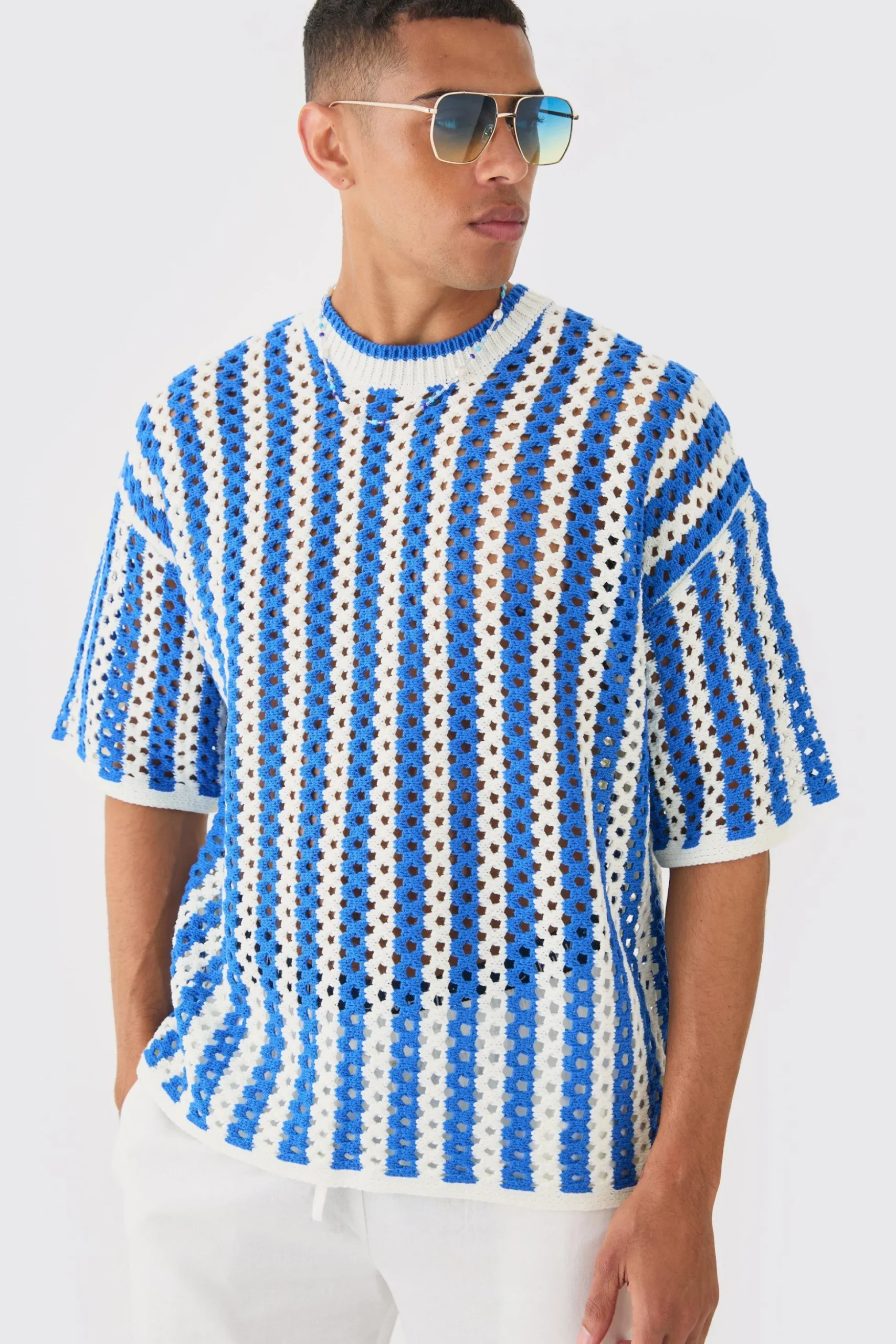 Oversized Open Stitch Stripe Knitted T-shirt | BoohooMAN UK