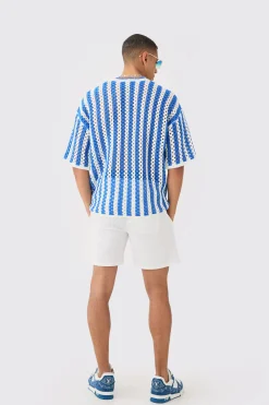 Oversized Open Stitch Stripe Knitted T-shirt | BoohooMAN UK