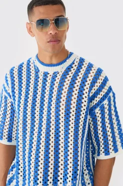 Oversized Open Stitch Stripe Knitted T-shirt | BoohooMAN UK