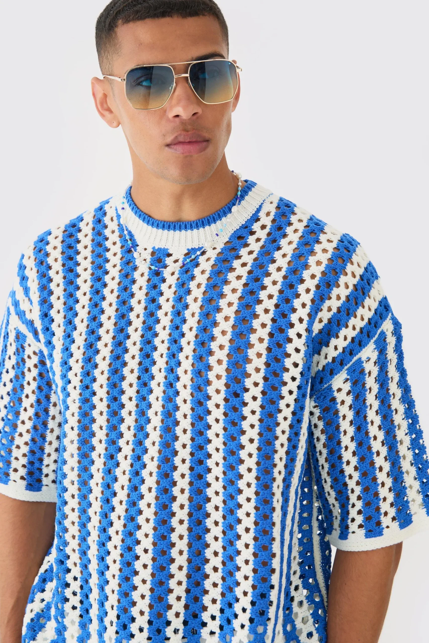Oversized Open Stitch Stripe Knitted T-shirt | BoohooMAN UK
