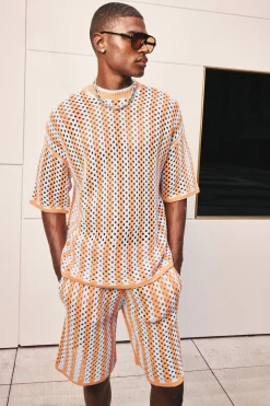 Oversized Open Stitch Stripe Knitted T-shirt | BoohooMAN UK