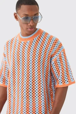 Oversized Open Stitch Stripe Knitted T-shirt | BoohooMAN UK
