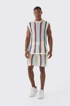 Oversized Open Stitch Stripe Knitted Tank Set | BoohooMAN UK