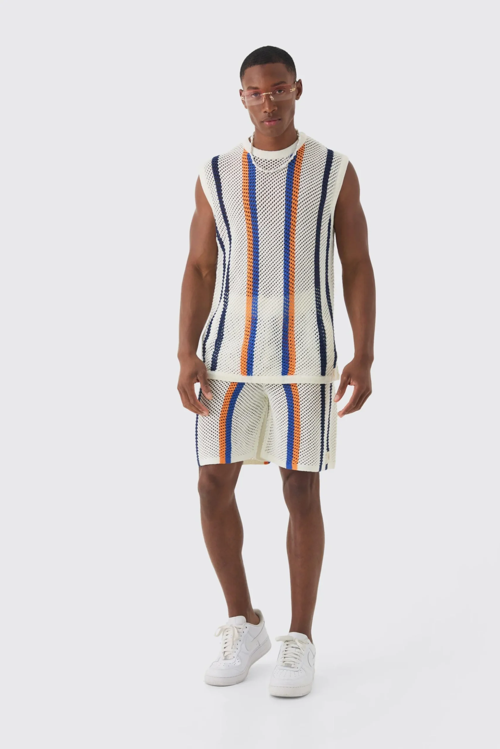 Oversized Open Stitch Stripe Knitted Tank Set | BoohooMAN UK