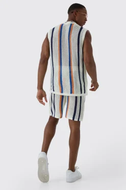 Oversized Open Stitch Stripe Knitted Tank Set | BoohooMAN UK