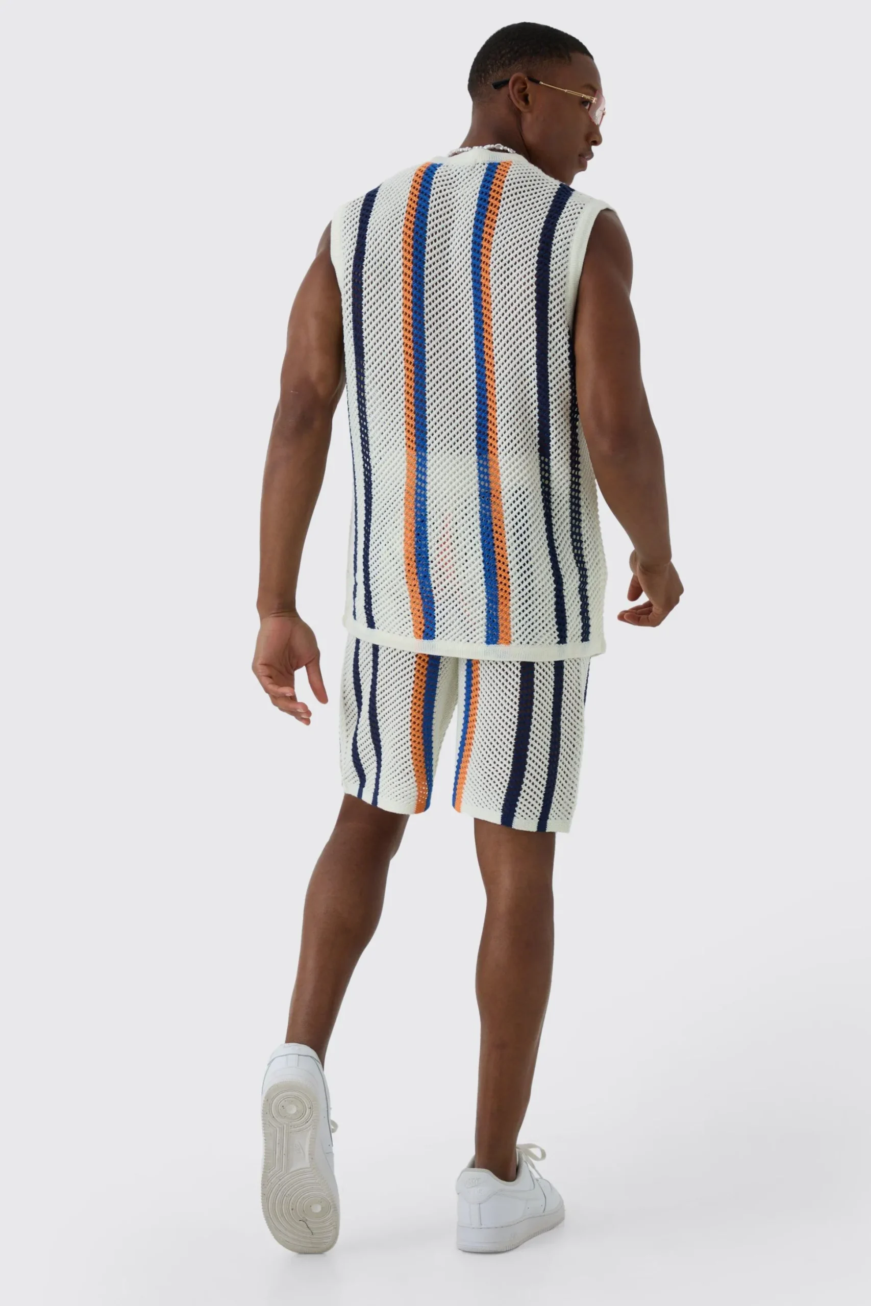 Oversized Open Stitch Stripe Knitted Tank Set | BoohooMAN UK