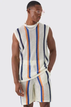 Oversized Open Stitch Stripe Knitted Tank Set | BoohooMAN UK